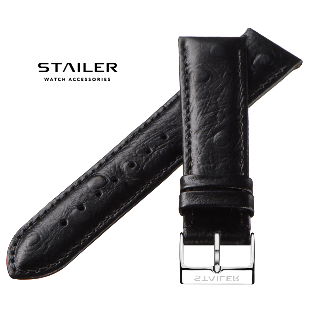 Stailer 1371S Original - ремешок для часов чёрный, кожа, страус, Германия - мастерская «Часовая Скорая Помощь». Картинка Stailer 1371S Original - ремешок для часов чёрный, кожа, страус, Германия