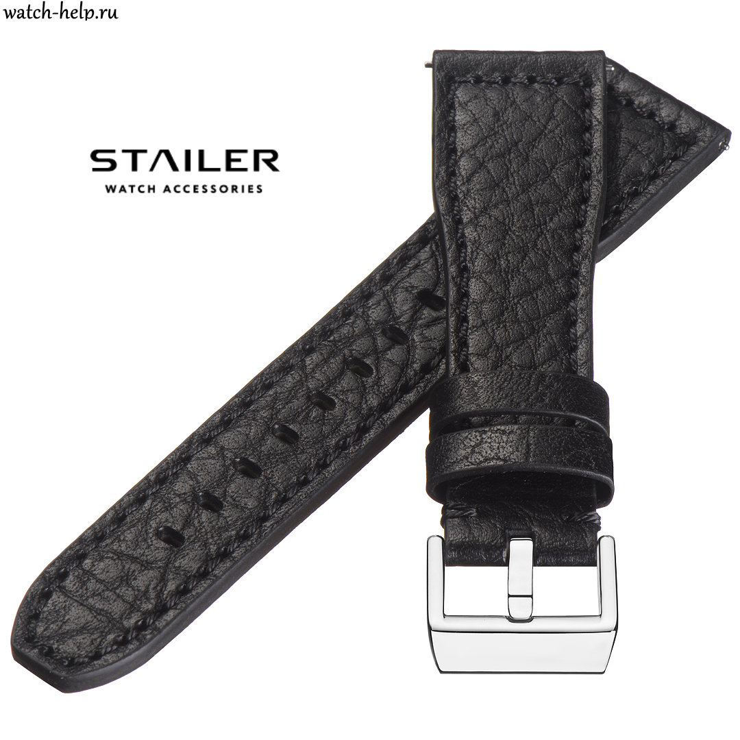 Картинка Stailer Premium 6451 Aviator new - ремешок для часов чёрный, премиальная кожа full grain растительного дубления, буйвол, Германия