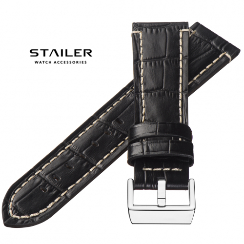 Stailer Premium 5171 Aviator - ремешок для часов чёрный, премиальная кожа full grain растительного дубления, аллигатор, Германия - мастерская «Часовая Скорая Помощь». Картинка Stailer Premium 5171 Aviator - ремешок для часов чёрный, премиальная кожа full grain растительного дубления, аллигатор, Германия
