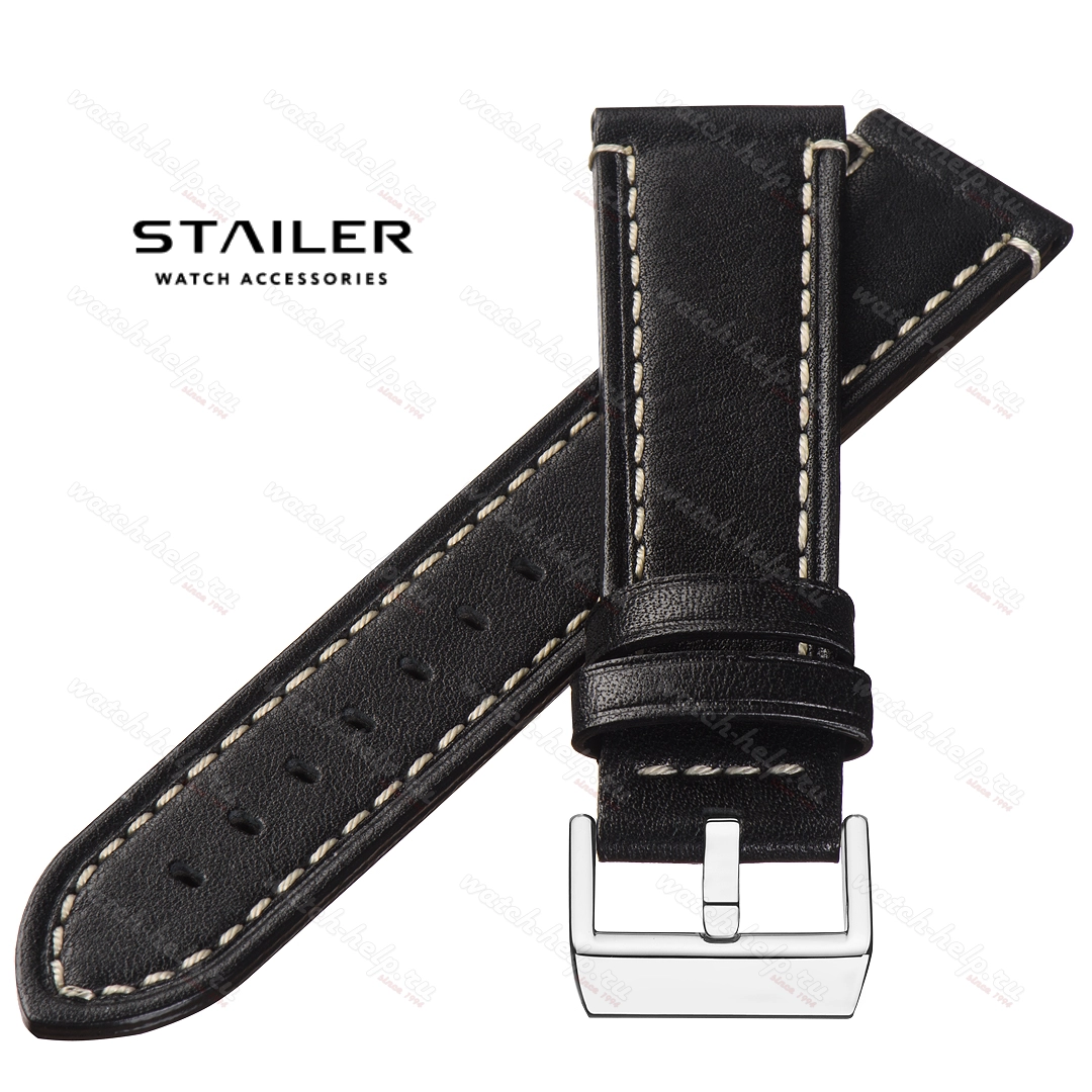 Картинка Stailer Premium 3091B Aviator - ремешок для часов чёрный, премиальная кожа full grain растительного дубления, гладкий, Германия