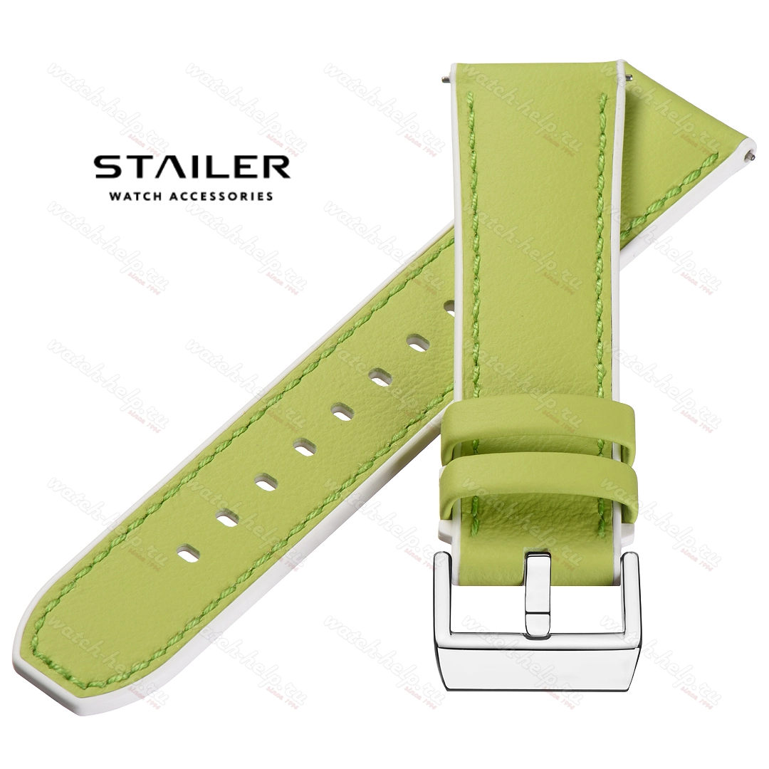 Картинка Stailer Premium 7308 Max endurance classic dani leather - ремешок для часов светло-зелёный/белый, анилиновая кожа от dani (италия), гладкий, Германия