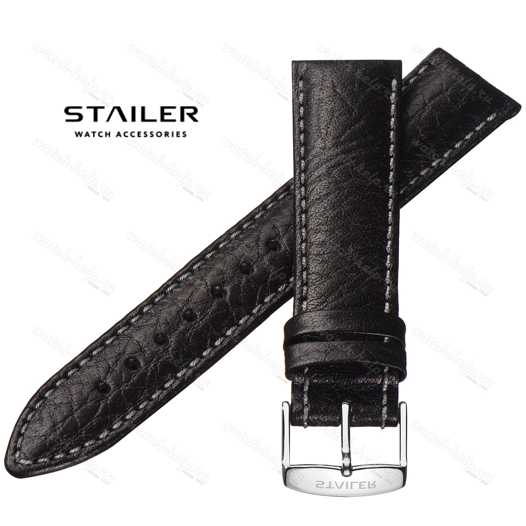 Картинка Stailer Premium 3321G Chrono - ремешок для часов чёрный, итальянская кожа растительного дубления, буйвол, Германия