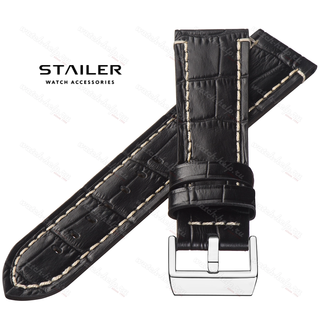 Картинка Stailer Premium 5171 Aviator - ремешок для часов чёрный, премиальная кожа full grain растительного дубления, аллигатор, Германия