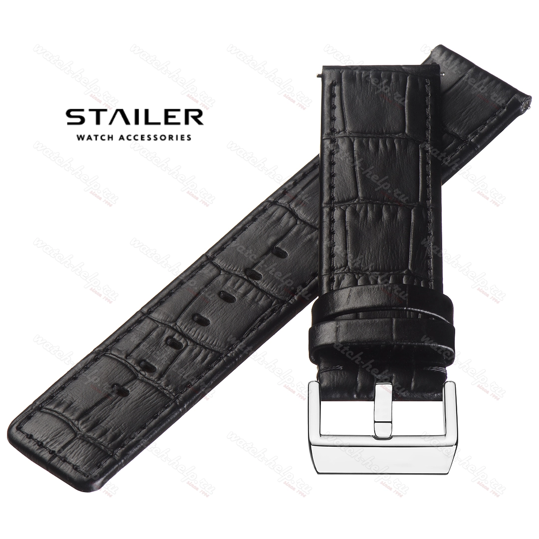 Картинка Stailer Premium 6041 Bold - ремешок для часов чёрный, кожа двойного дубления от tanneries haas (франция), аллигатор, Германия