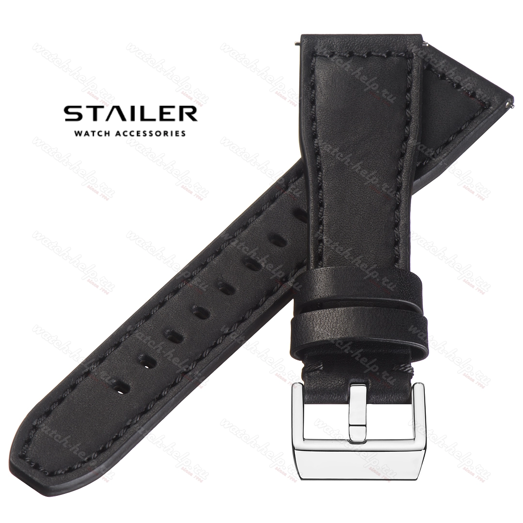 Картинка Stailer Premium 6441 Aviator new - ремешок для часов чёрный, премиальная кожа full grain растительного дубления, гладкий, Германия