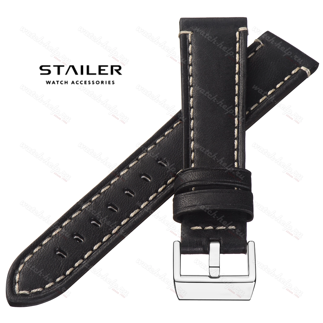Картинка Stailer Premium 5191 Aviator - ремешок для часов чёрный, премиальная кожа full grain растительного дубления, гладкий, Германия