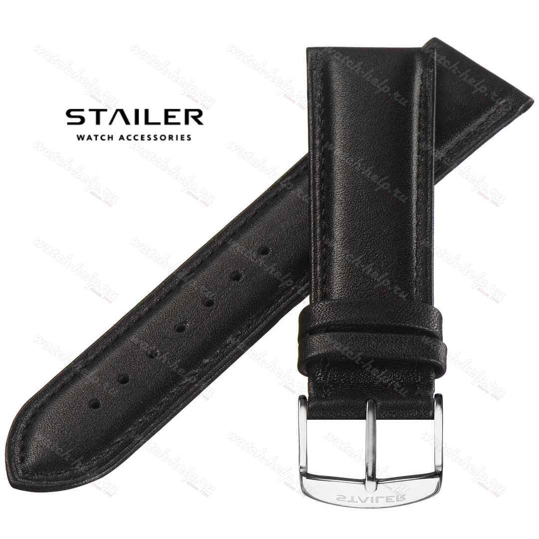 Картинка Stailer Premium 3821 Water resistant - ремешок для часов чёрный, влагостойкая кожа, гладкий, Германия